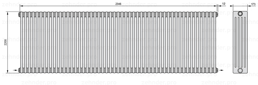 Схема (чертеж) Радиатор Zehnder Charleston 5220/51 №2670 Белый глянцевый RAL 9016